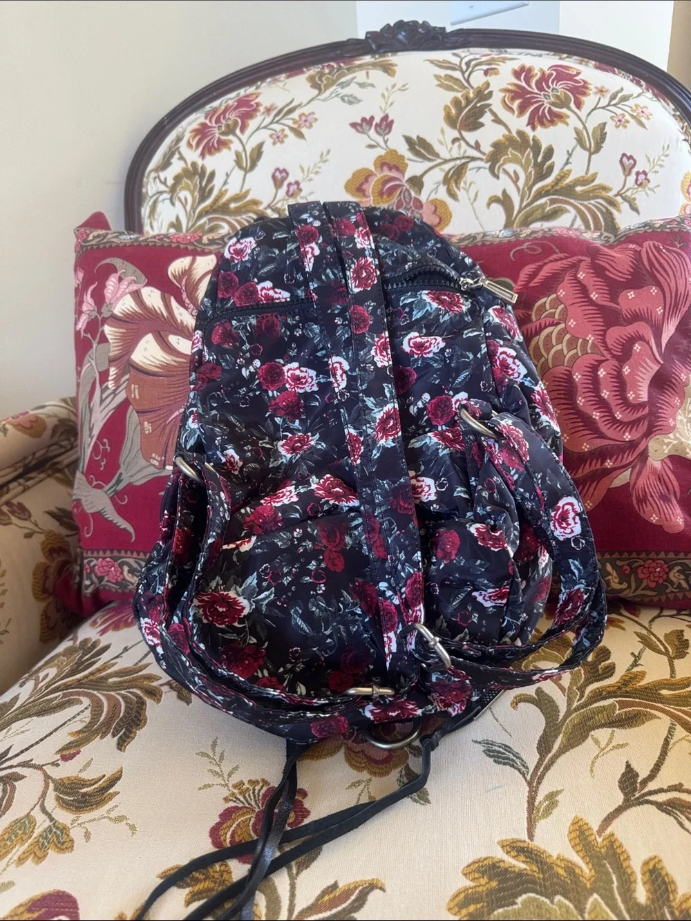 Rebecca Minkoff Floral Black & Red Sling Backpack - Casual Everyday Bag